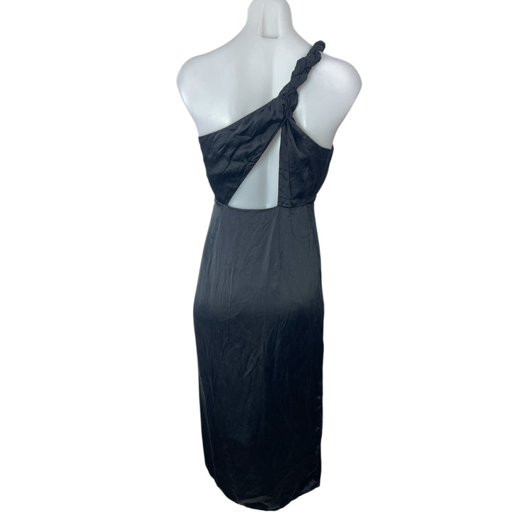 Anthropologie Black Silk Satin One Shoulder Slit Ruched Midi Sheath Dress Size 2