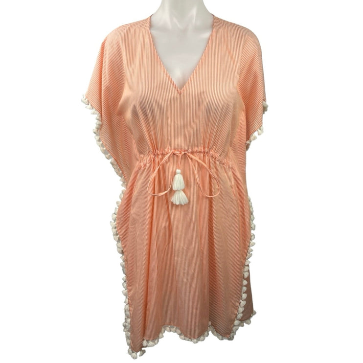 Tory Burch Orange White Striped V Neck Tassel Summer Swim Cover Up Dress Size XS