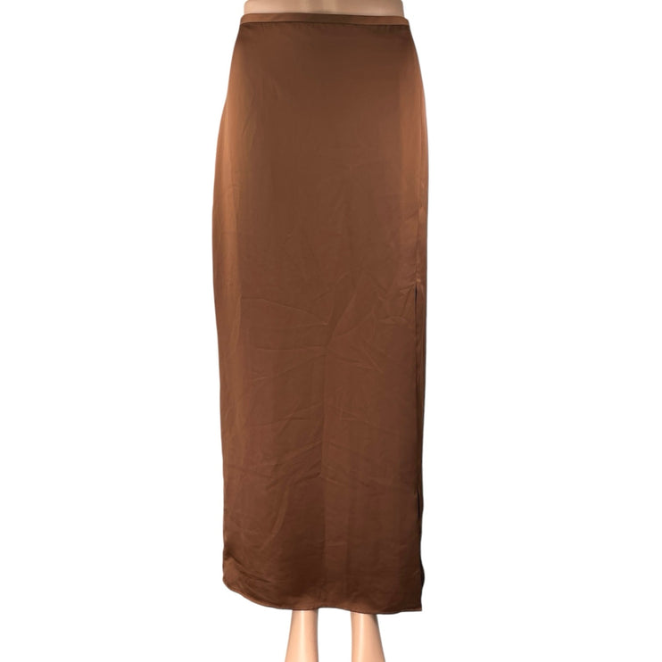 Club Monaco Trycia Brown Silk Satin Slit Zip Midi Straight Pencil Slip Skirt 8