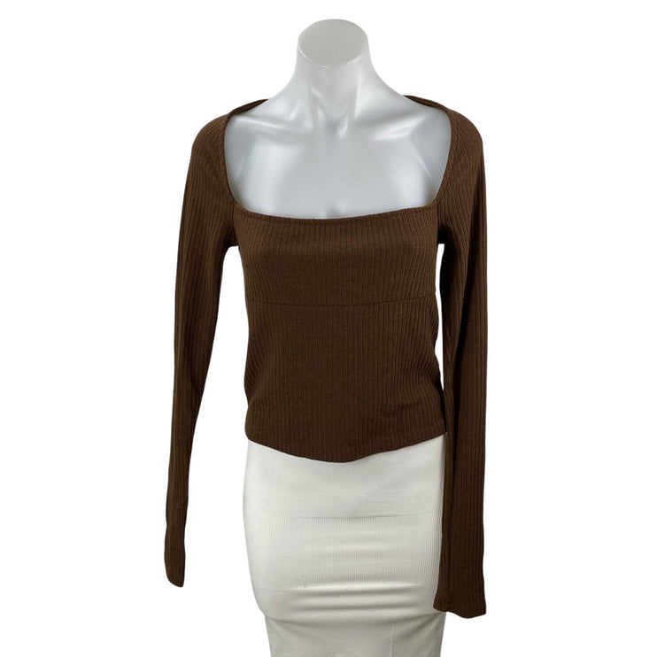 Urban Outfitters Brown Long Sleeve Square Neck Ribbed Knit Sweater Top Size L