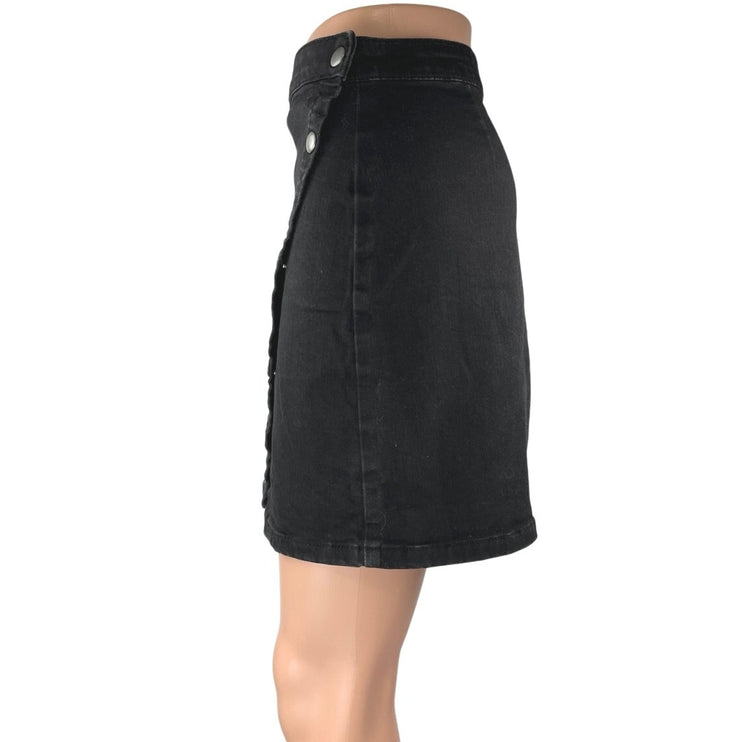 Free People Notched Black Asymmetric Side Button Mini Wrap Denim Jeans Skirt 8