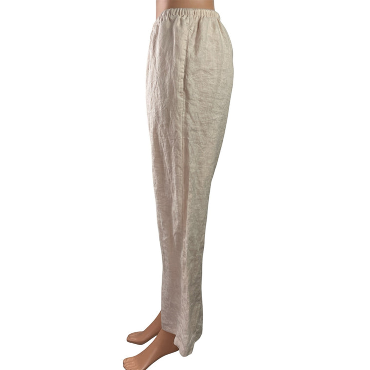 Brandy Melville 100% Linen Womens Beige Dawstring Wide Leg Trousers Pants Sz S