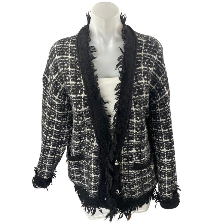 Robertson + Rodeo Women's Black Wool Tweed Fringe Knit Cardigan Sweater Top M/L