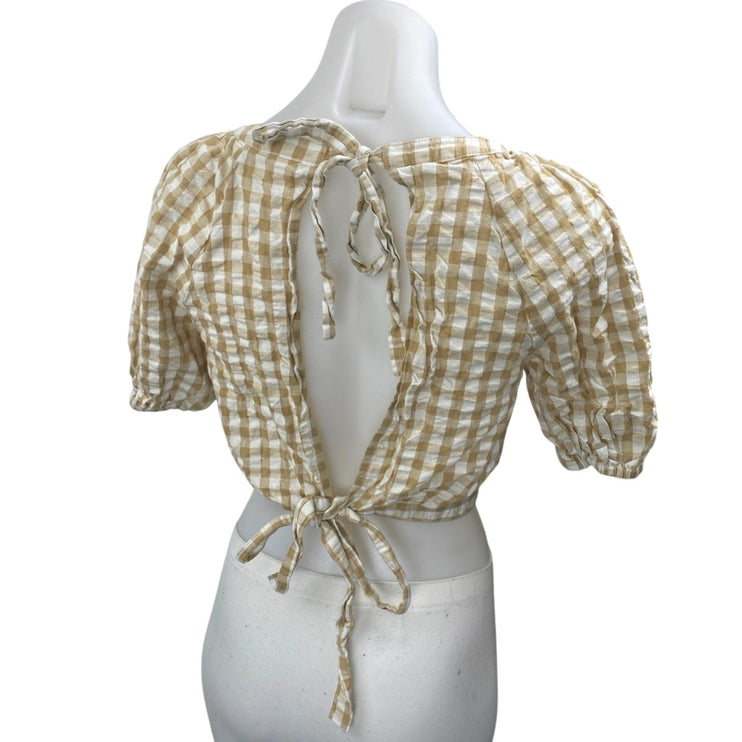BP. Beige White Gingham Check Short Puff Sleeve Open Back Cropped Blouse Top XS
