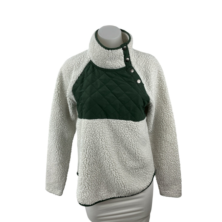 Abercrombie & Fitch White Green Quilted Faux Sherpa Snap Sweater Top Size S