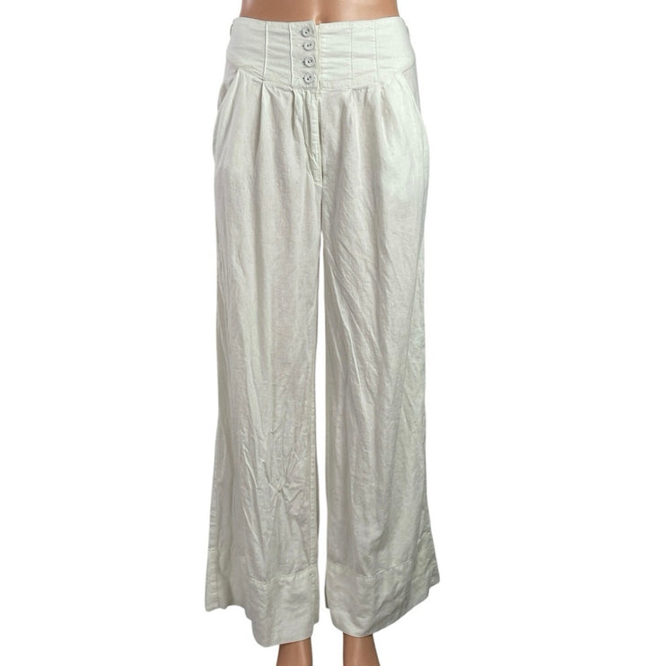 Free People Women's White High Rise Button Pleated Wide Leg Trousers Pants Sz 2