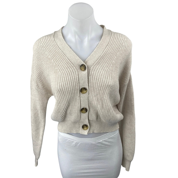 BP. Beige Tan Khaki Long Sleeve V Neck Button Up Crop Cardigan Sweater Top XS