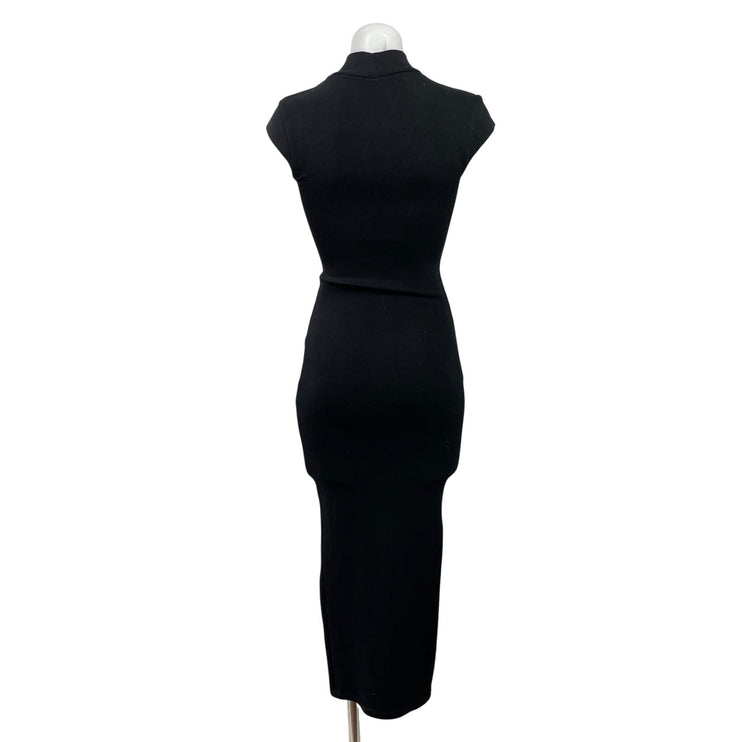 Zara Women's Black Ribbed Knit Mock Neck Short Cap Sleeve Midi Bodycon Dress S