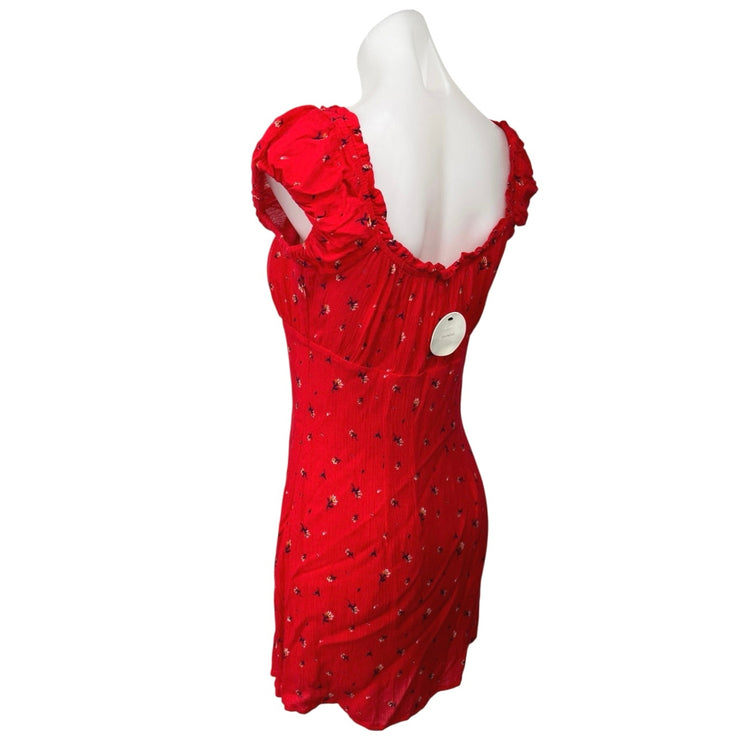 NEW En Creme Red Floral Ruffle Short Sleeve Empire Waist Mini Sheath Dress Sz S