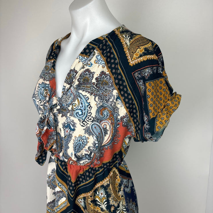 H&M Multicolor Handkerchief Scarf Paisley Tie V-Neck Short Sleeve Mini Dress 2
