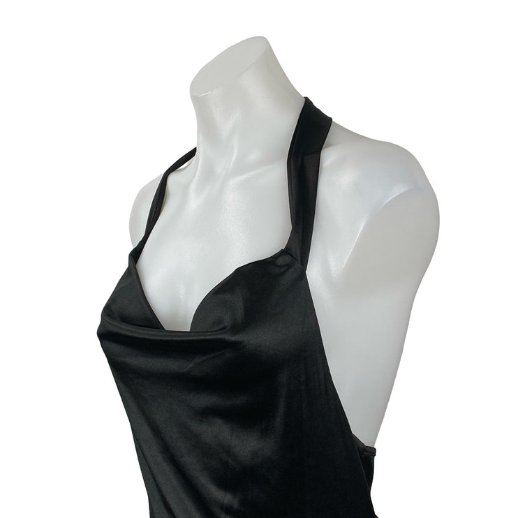 NEW Zaful Black Silk Satin Halter Cowl Neck Backless A Line Mini Dress Size M