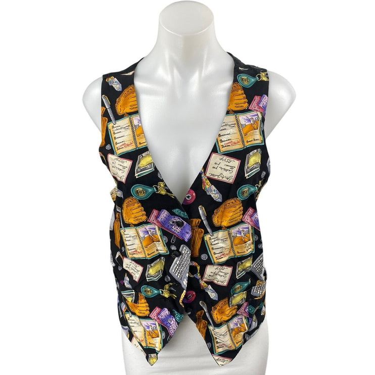Vintage Nicole Miller Multicolor 100% Silk Graphic Print Sleeveless Vest Top XL