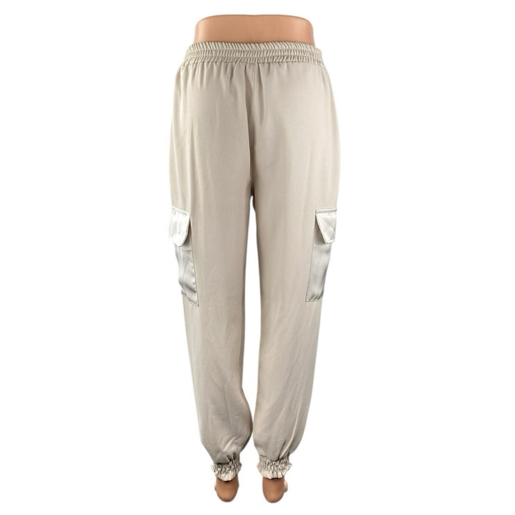 Pois Women Beige High Waisted Pull On Tapered Leg Cargo Jogger Sweat Pants Sz S