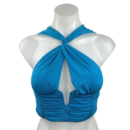 Zara Blue Halter Cut Out Front Ruched Twist Cross Sleeveless Crop Top Size XS