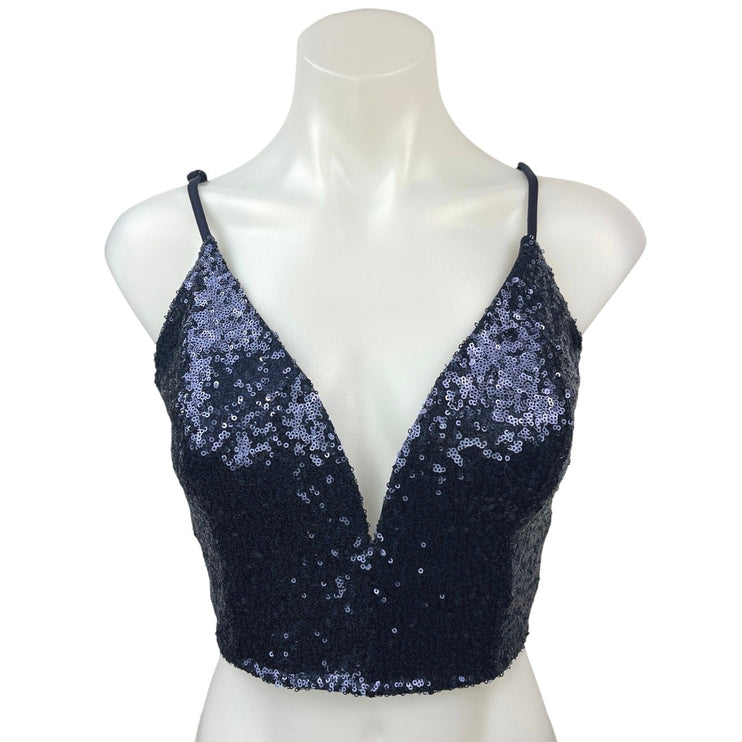 Solemio Blue Sequin Sparkly Plunge V Sleeveless Clubwear Party Crop Top Size M