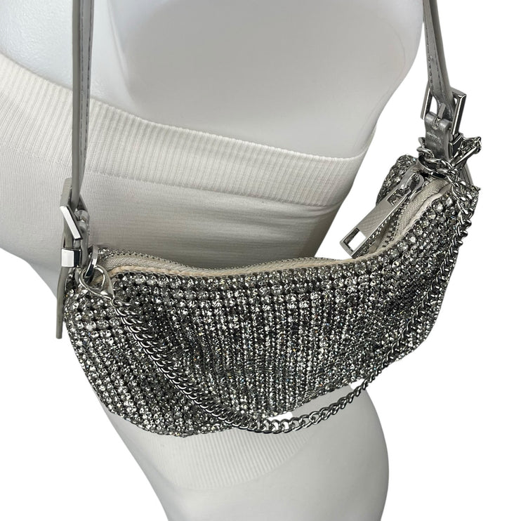 Aldo Mistera Silver Rhinestone Sparkly Shimmer Crescent Half Moon Shoulder Bag