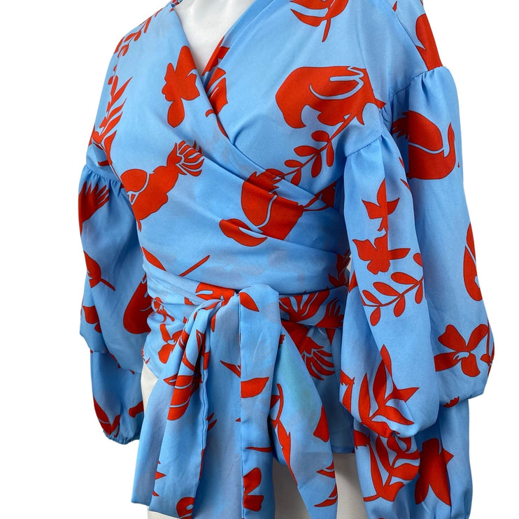 Jealous Tomato Blue Red Floral Long Balloon Sleeve Peplum Wrap Blouse Top Size M