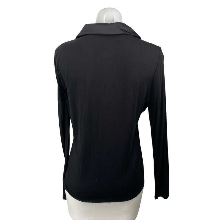 Halogen Women's Black Collared V Neck Long Sleeve Slim Fit Shirt Blouse Top Sz M