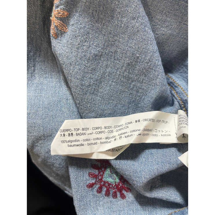 Zara Women's Blue Floral Embroidered Elastic Waist Denim Jeans Maxi Skirt Size S