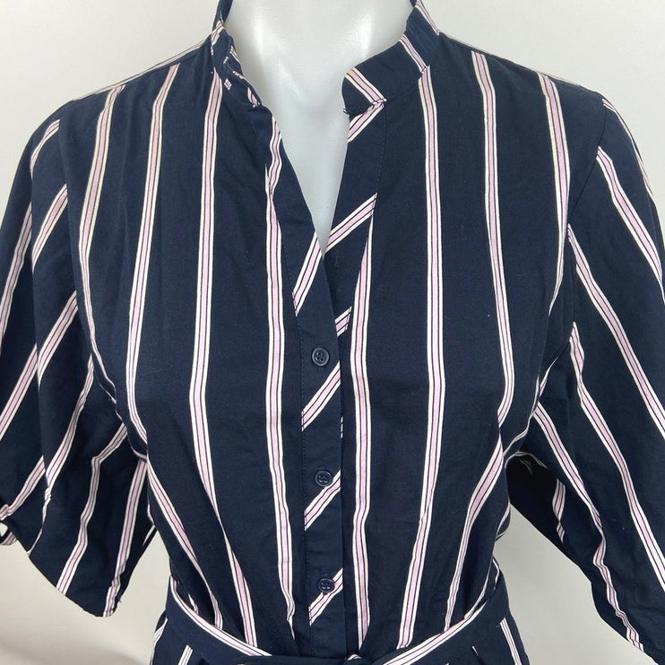 Zara Basic Blue Pink Striped Half Tie Sleeve Button Down Mini Shirt Dress Size S