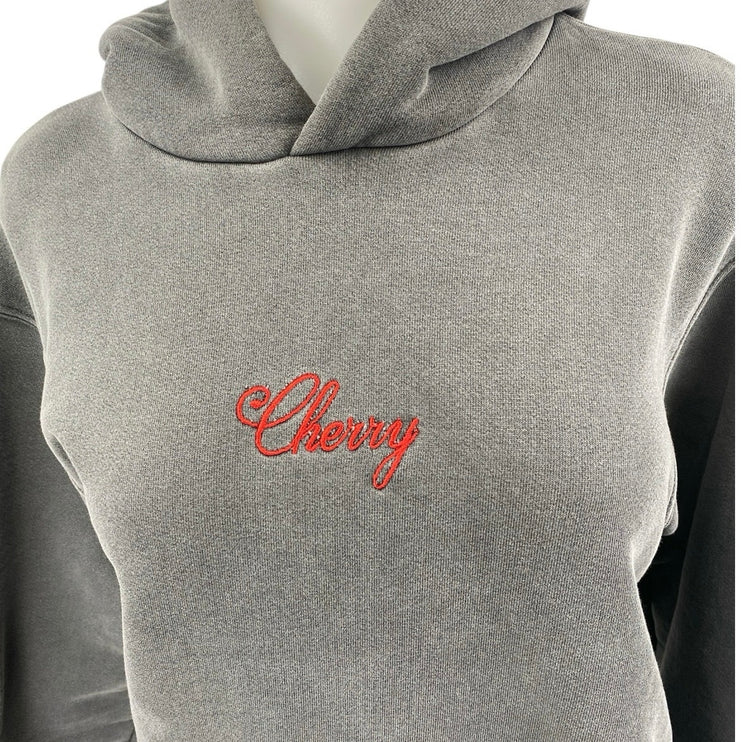 Cherry Women's Gray Embroidered Logo Hoodie Hooded Pocket Sweatshirt Top Size S