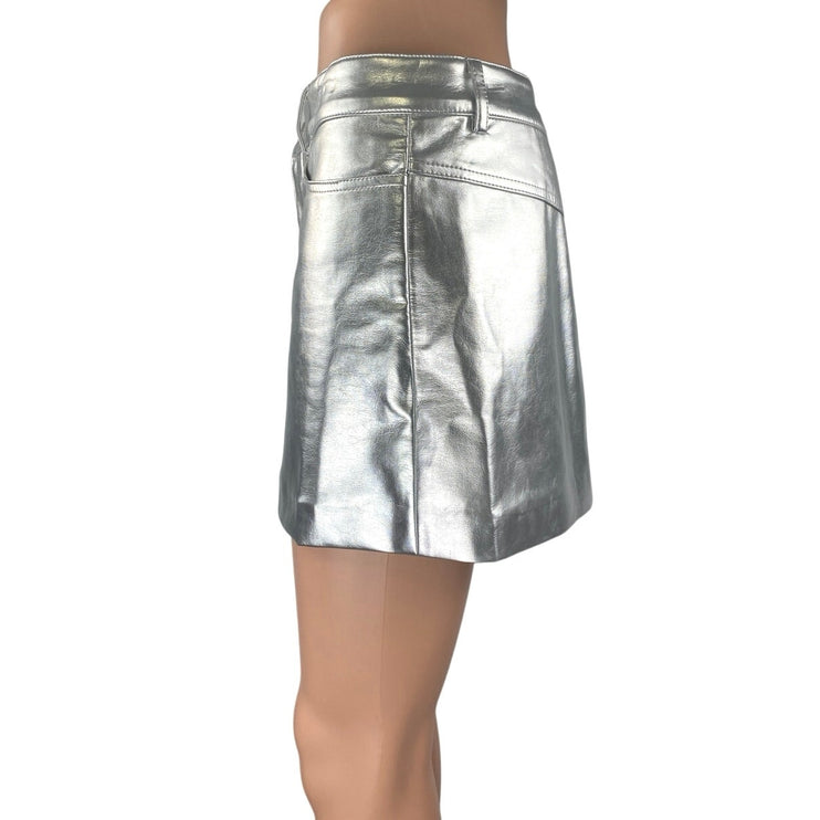 MNG Mango Women's Silver Metallic Faux Leather Zipper Casual Mini A-Line Skirt S