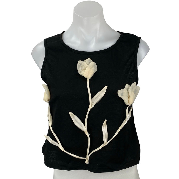 Women's Black White 3D Floral Tulip Crew Neck Sleeveless Slim Vest Tank Top Sz S