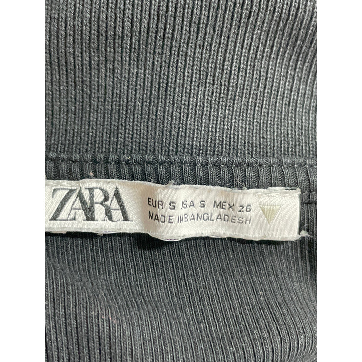Zara Women's Black Ribbed Knit Short Sleeve V Neck Collared Polo Crop Top Size S