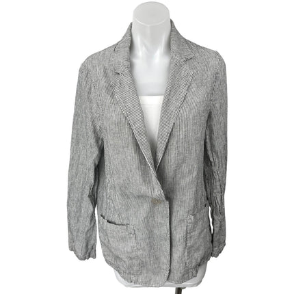 Max Studio Women's Black White Linen Striped Button Pockets Blazer Coat Jacket M