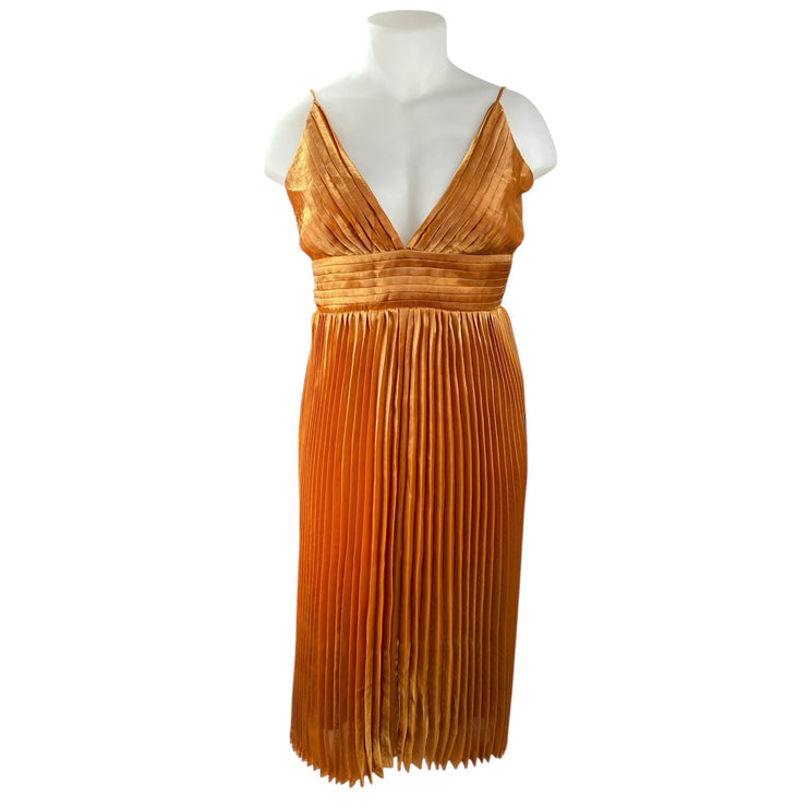NEW Lulus Orange Silk Satin Pleated Sleeveless Midi Camisole Tank Slip Dress XL