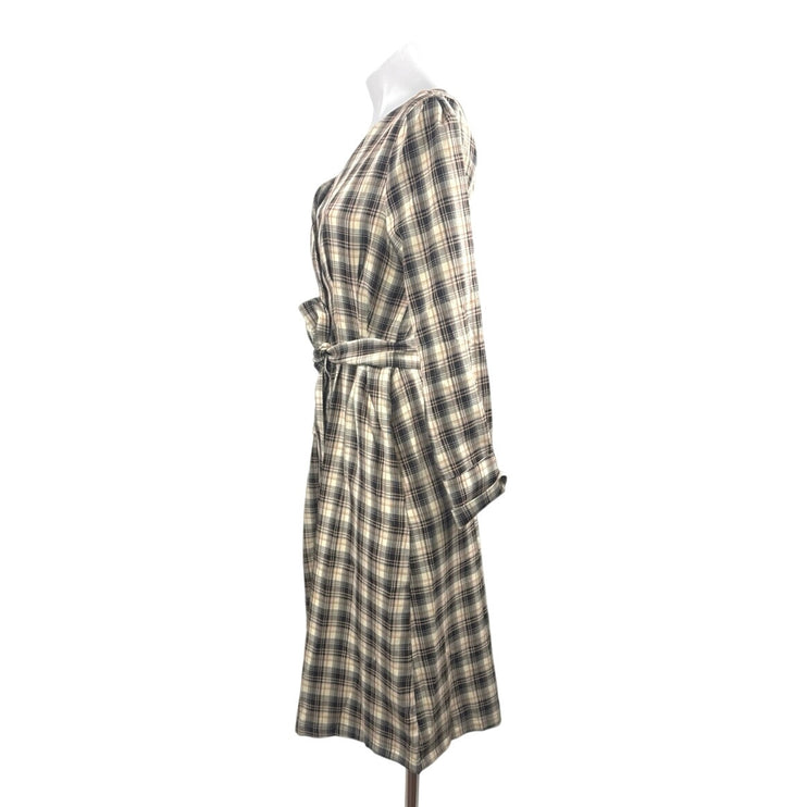 Gracia Plaid Check Long Sleeve Belted Button Up Midi Flare A-Line Shirt Dress S