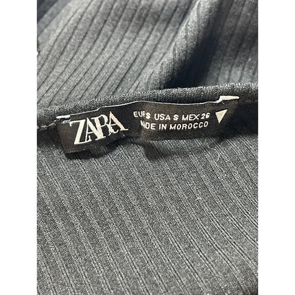 Zara Women's Black Ribbed Knit V-neck Short Puff Sleeve Crop Blouse Top Size S