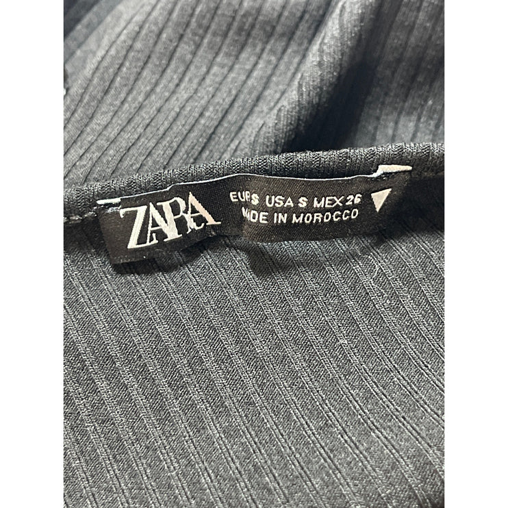 Zara Women's Black Ribbed Knit V-neck Short Puff Sleeve Crop Blouse Top Size S