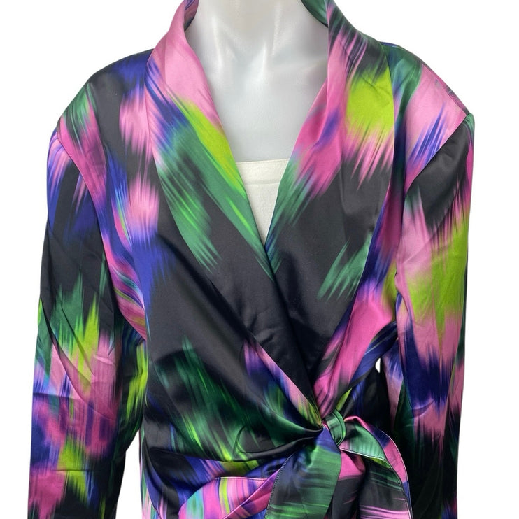 Nasty Gal Satin Printed Cinched Waist Multicolor Long Sleeve Blazer Jacket 20