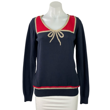 Anthropologie Karen Walker Hi There Navy Blue Tie Bow Long Sleeve Sweater Top M