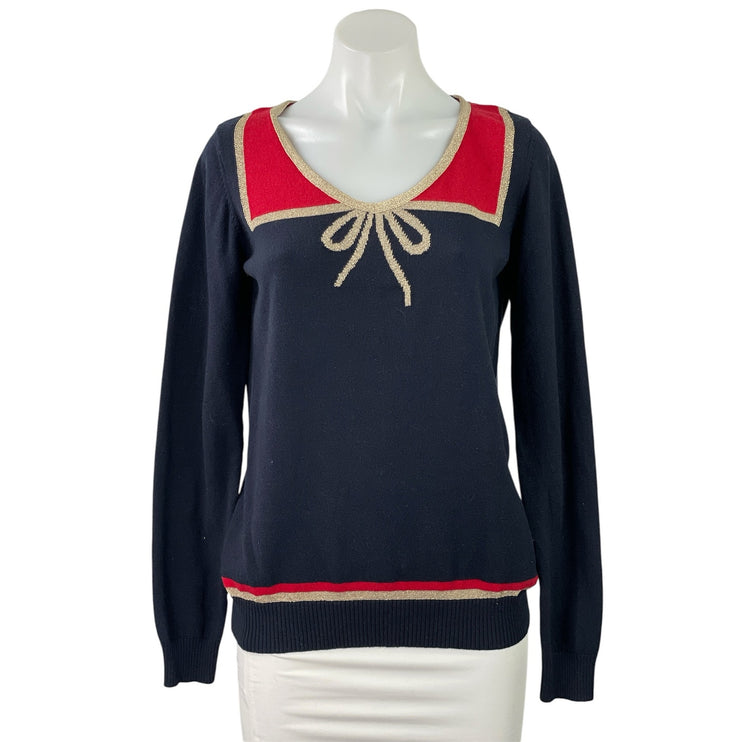 Anthropologie Karen Walker Hi There Navy Blue Tie Bow Long Sleeve Sweater Top M