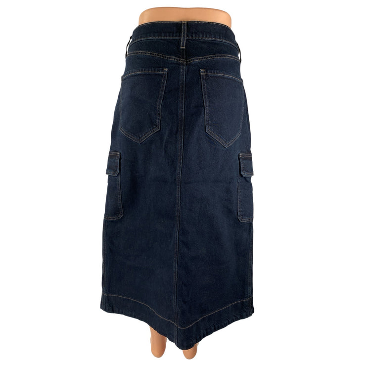 Express Blue High Waisted Front Slit Midi Cargo A-line Denim Jeans Skirt Size 12