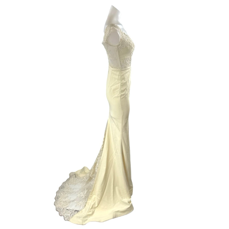 Portia & Scarlett Cream Beaded Embroidery Maxi Trumpet Mermaid Gown Dress Size S