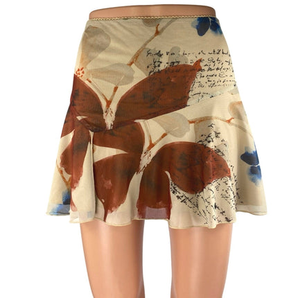 Tiger Mist Feyra Beige Low Waist Graphic Print Butterfly A Line Mini Skirt Sz L