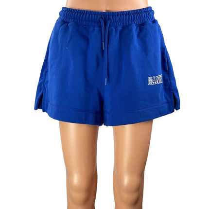 Ganni Women's Blue High Rise Drawstring Fleece Lounge Wide Sweat Shorts Size S