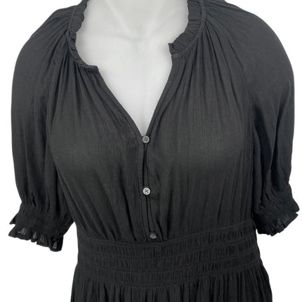 Gap Black Short Puff Sleeve V Neck Ruffle Smocked Fit & Flare Maxi Dress Size XL