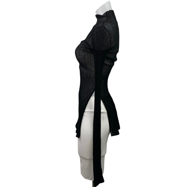 Elsa II Black Long Sleeve Mock Neck Sheer Mesh Ribbed Bandeau Slit Blouse Top S