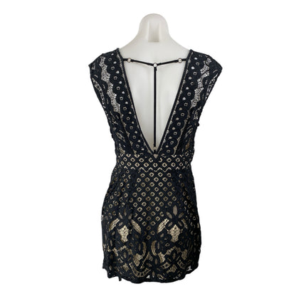Free People One Million Lovers Black Lace Sleeveless V Neck A Line Mini Dress OS