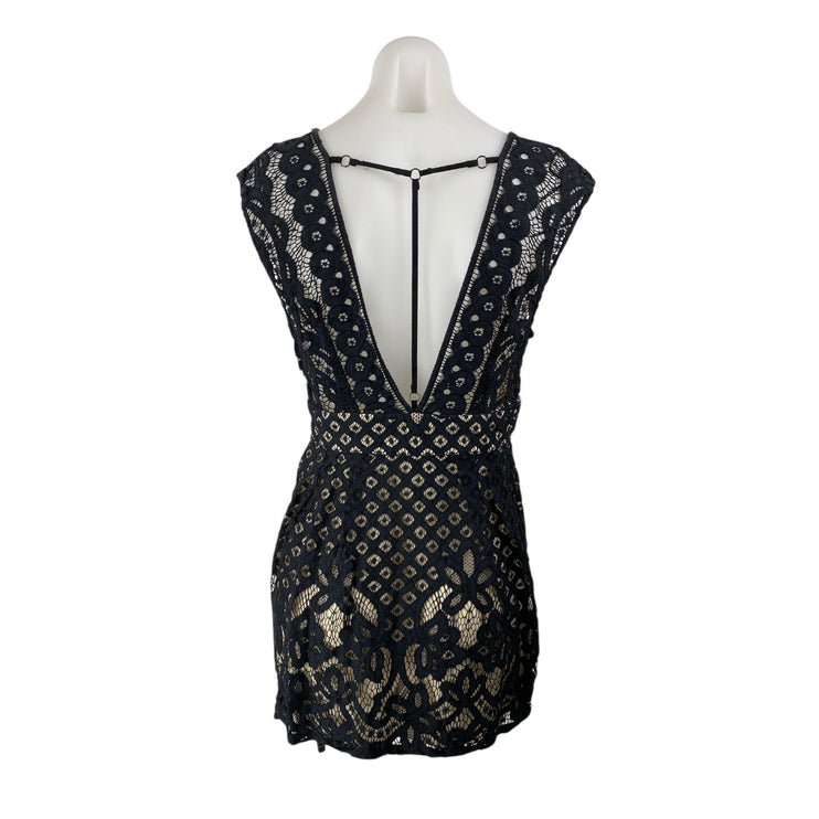 Free People One Million Lovers Black Lace Sleeveless V Neck A Line Mini Dress OS