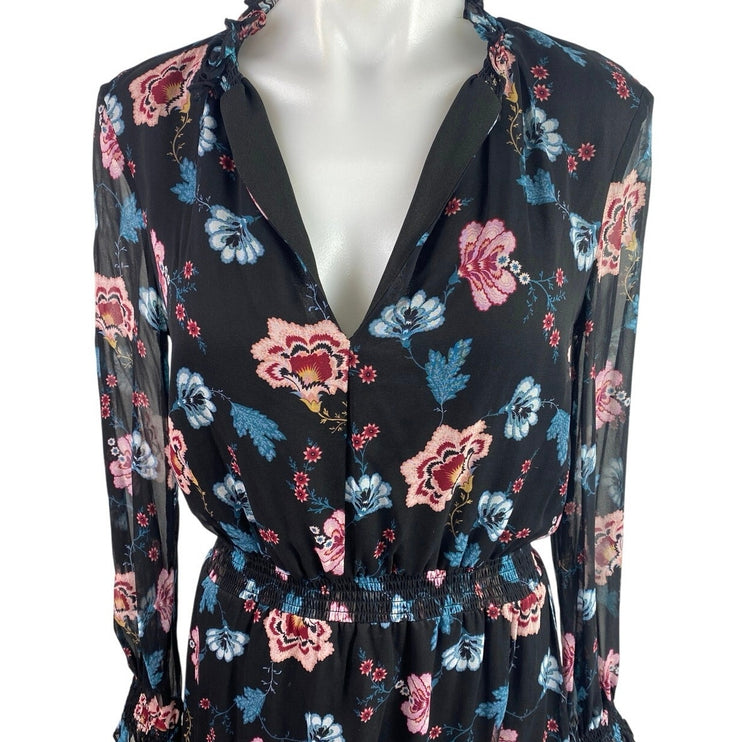 Intermix Vera 100% Silk Black Floral Long Sleeve V-Neck Midi High Low Dress Sz 0