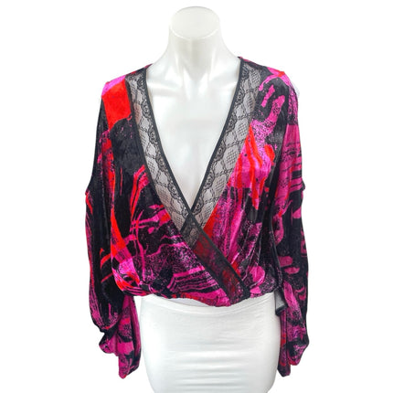 BCBGMAXAZRIA Multicolor Lace Long Sleeve Deep V Neck Faux Wrap Blouse Top Size M