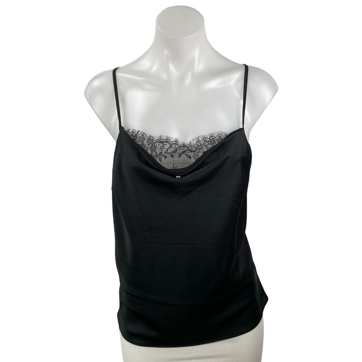 Lulus Women's Black Silky Satin Lace Trim Cowl Neck Sleeveless Cami Tank Top XL
