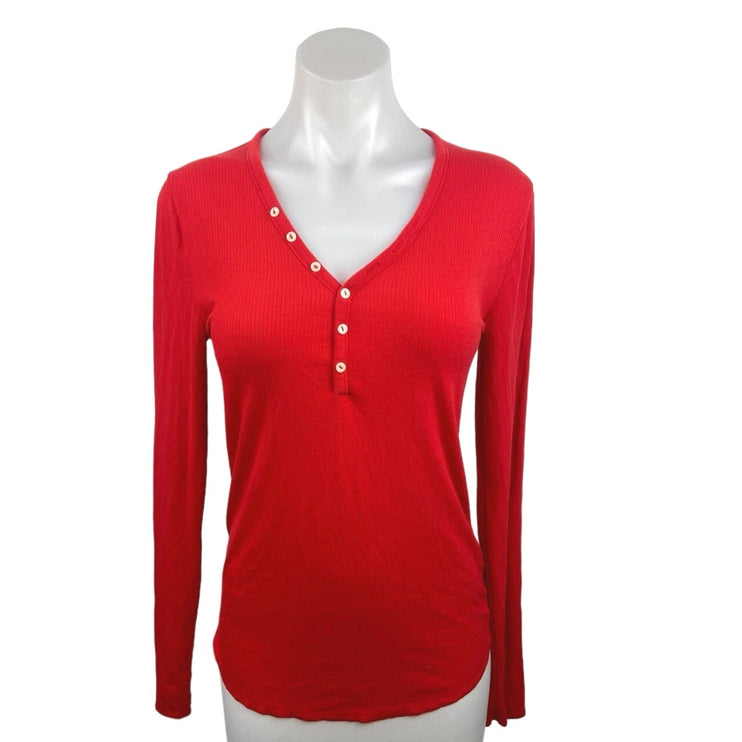 GapBody Red V Neck Button Front Stretch Pullover Long Sleeve Henley Top Size M