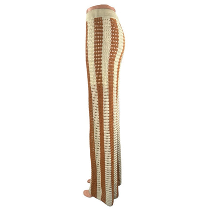 Solitaire Beige Tan Stripe Crochet Open Knit High Rise Wide Leg Trousers Pant XL