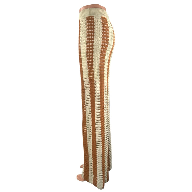 Solitaire Beige Tan Stripe Crochet Open Knit High Rise Wide Leg Trousers Pant XL